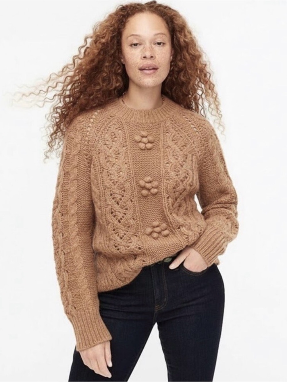 J.CREW Women's Beige Cable-Knit Pom Pom Crewneck Angora Wool Pullover Sweater XL